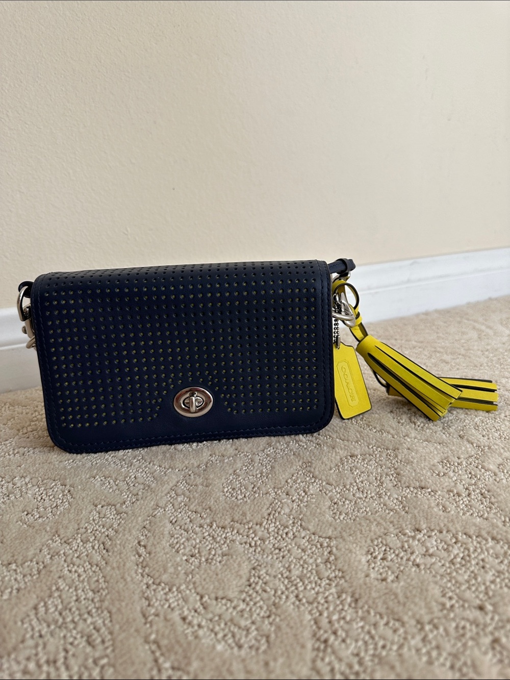 Coach Navy Perforated Crossbody Leather Flap Bag with Yellow Tassel